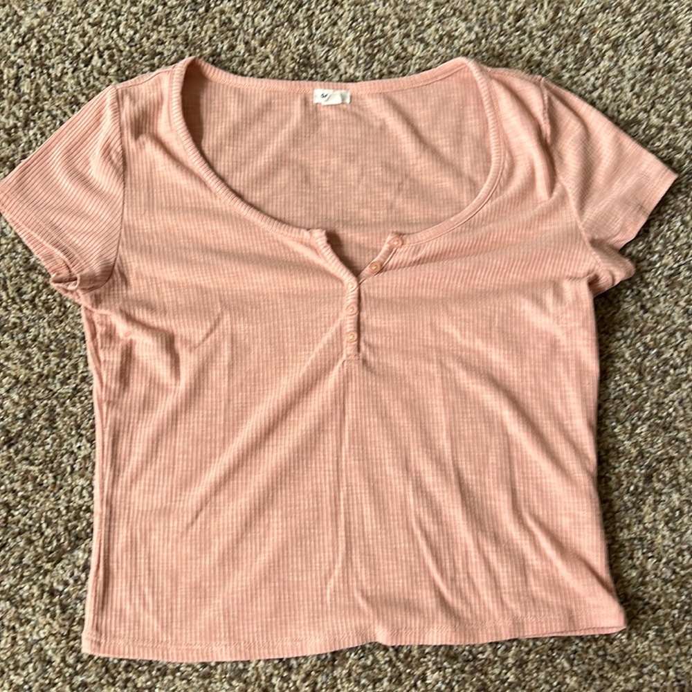 Garage Light Pink Ribbed Scoop Neck Cropped Tee